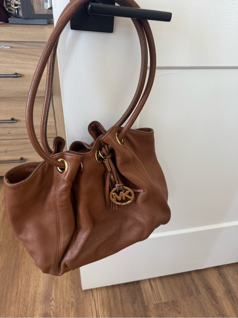 Michael Kors Cognac Pebbled Leather Shoulder Bag with Gold MK Charm